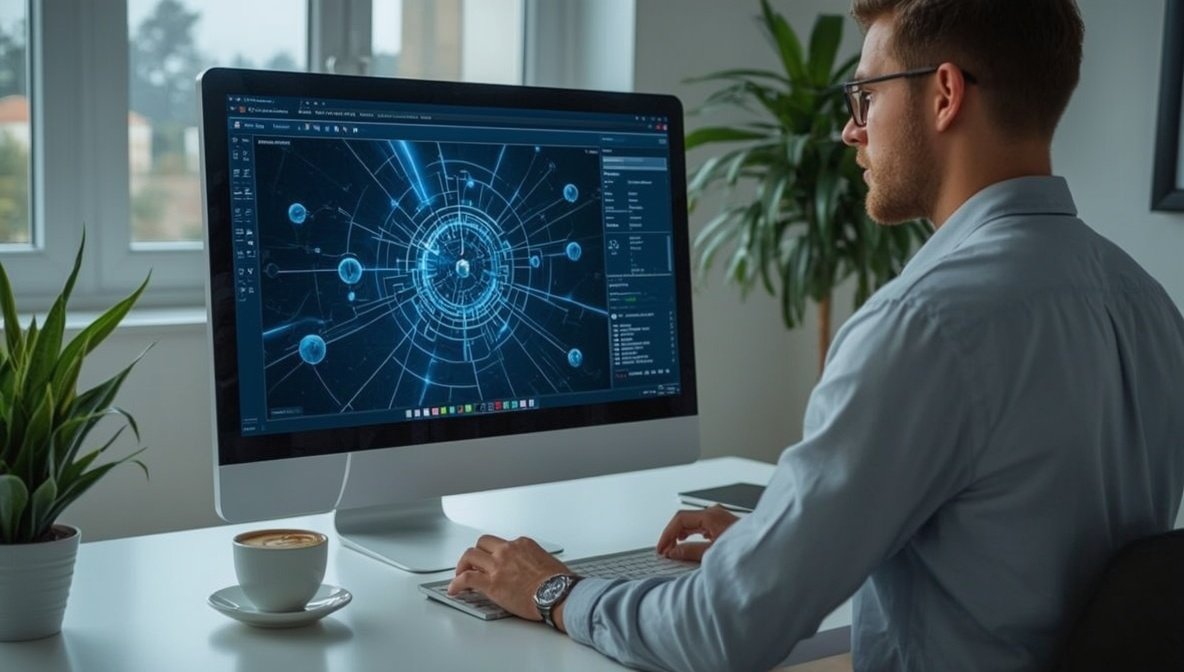 Website-Betreiber nutzt KI-Tools am Computer mit Interface-Visualisierung