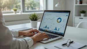 Website-Betreiberin analysiert SEO-Daten und Rankings am Laptop