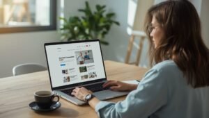 Person erstellt eine Website am Laptop im Homeoffice