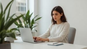 Gründerin arbeitet selbstständig am Laptop