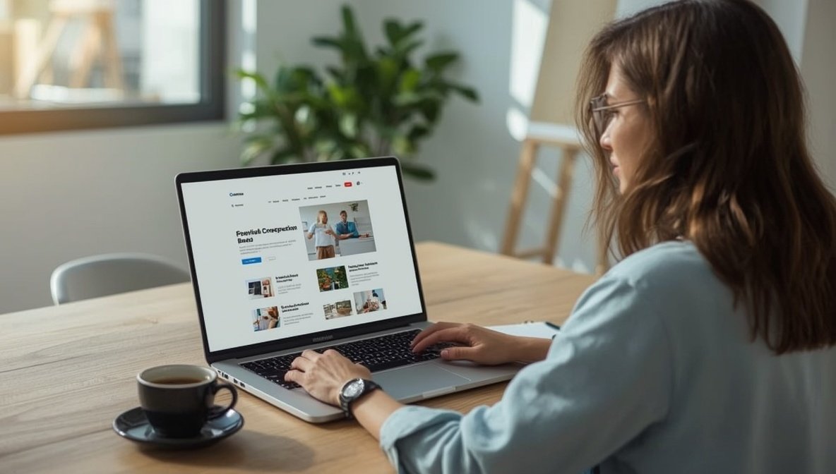 Person erstellt eine Website am Laptop im Homeoffice